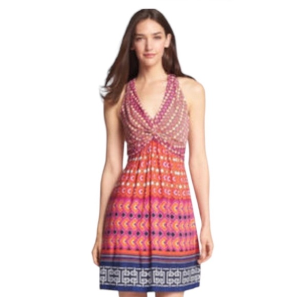 Laundry by Shelli Segal POP ORANGE MULTI CINCHED HALTER DRESS Size 6 - Picture 1 of 9